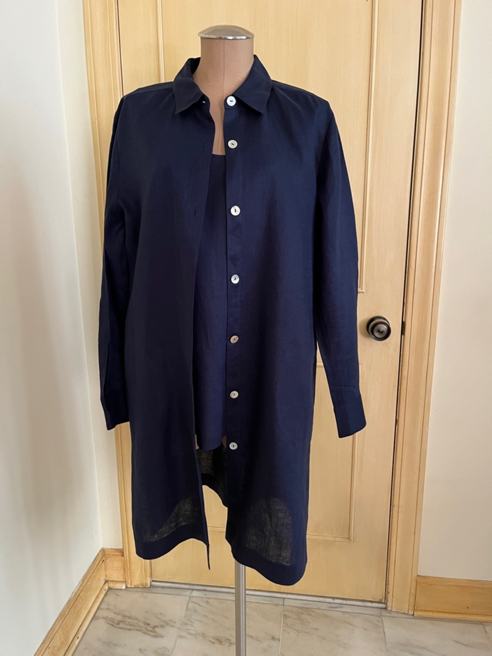 GO SILK Career Lagenlook 2-Piece 100% Linen Navy Tank & Long Line Top/Shacket L